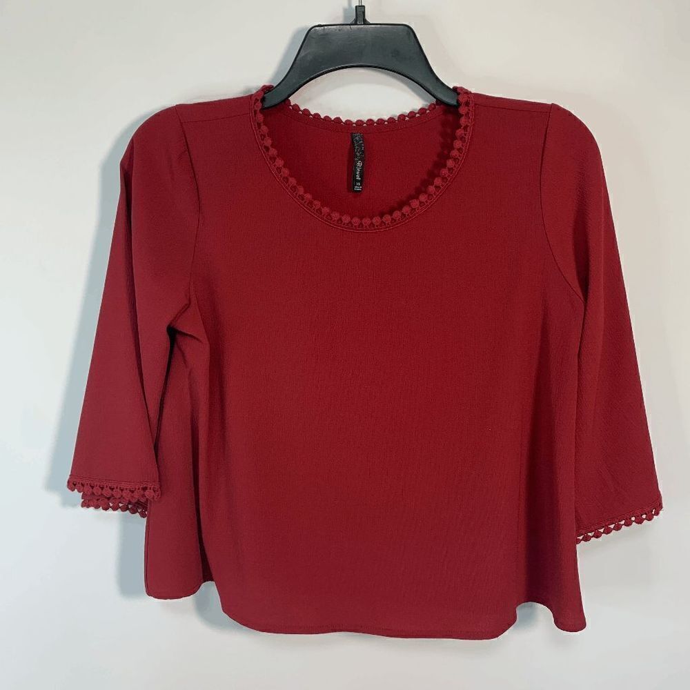 Bjewel Women's Crew Neck 3/4 Sleeve Lace Trim Cropped Top Burgundy Red Size XS
